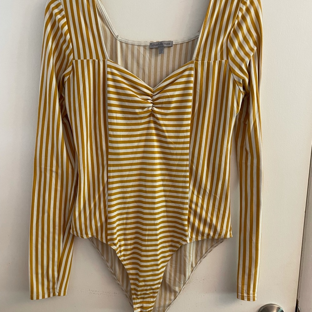 Yellow and white striped body suit